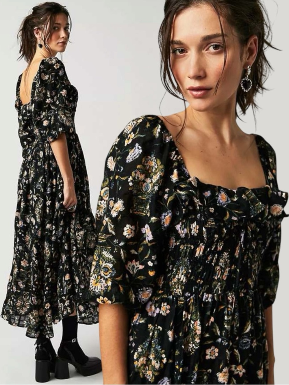 Free People Witchy Oasis Printed Midi Dress Black Floral Small Bohemian Prairie